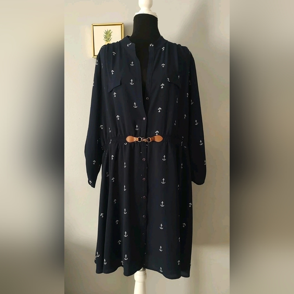Dress Casual Women Always Indigo Blue Print Anchor Roller Up Sleeve Size New